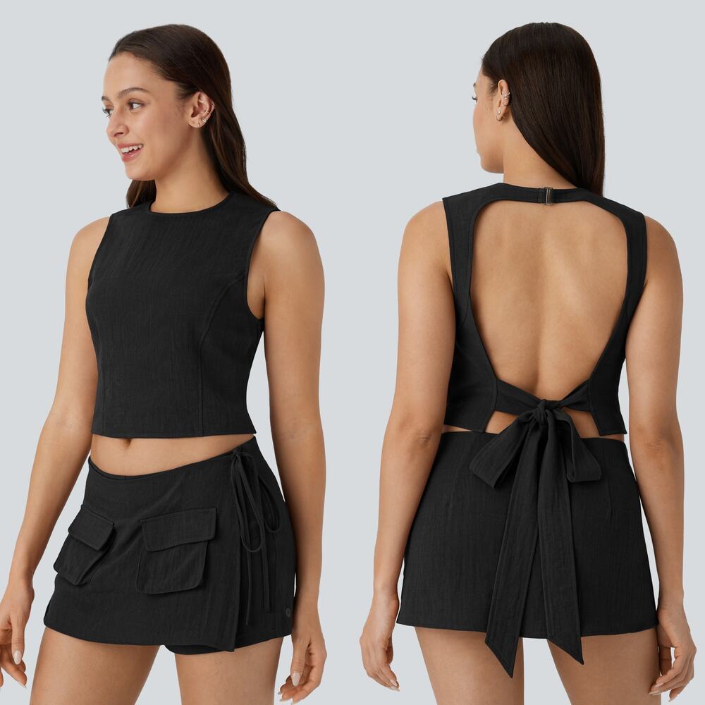 NWOT Halara Backless Tie Back Cropped Tank Top Linen Feel Black Womens Size L